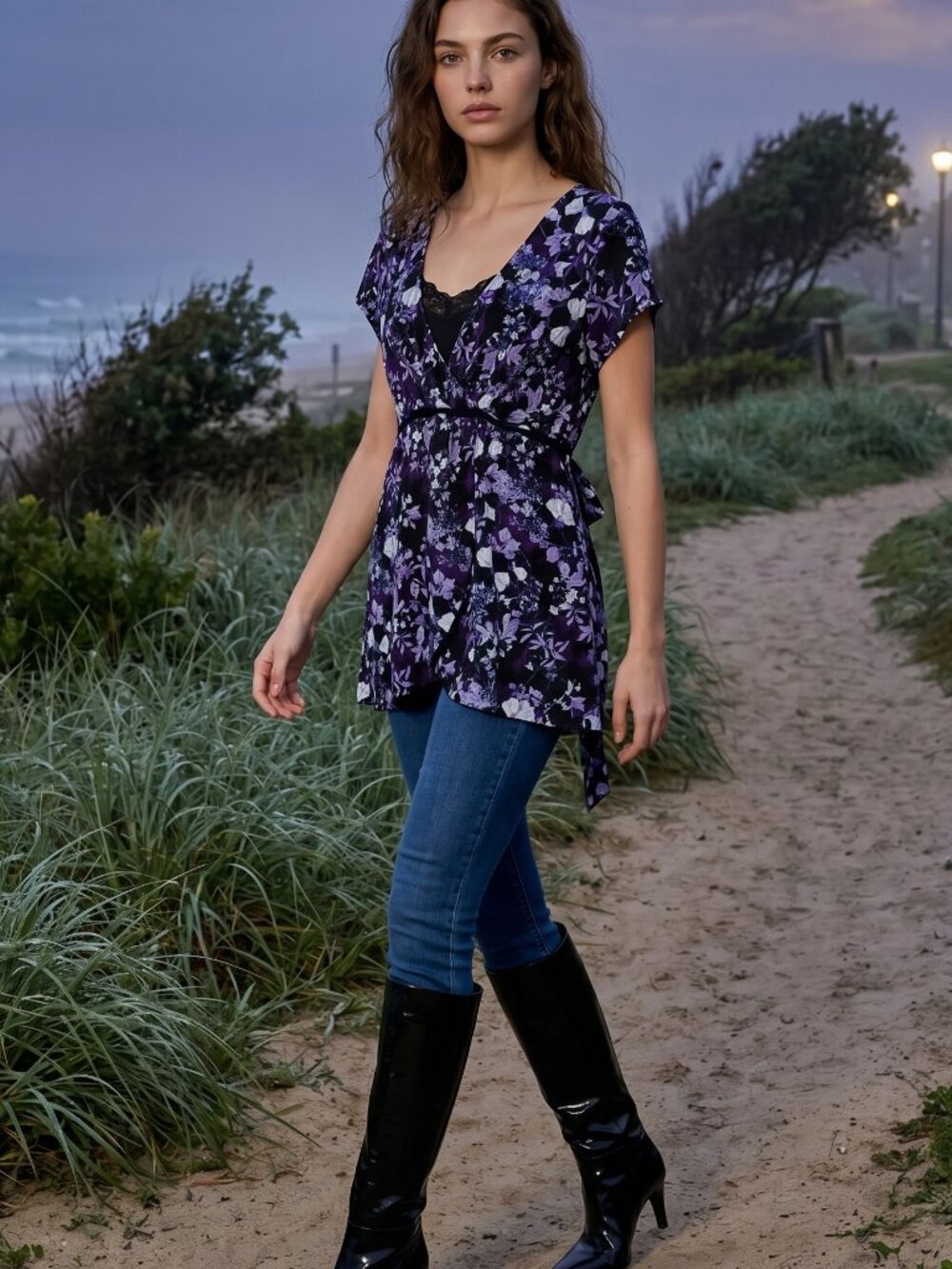 Studio 1940 Purple White Black Floral Short-sleeve Tie-back Layered Cami Blouse